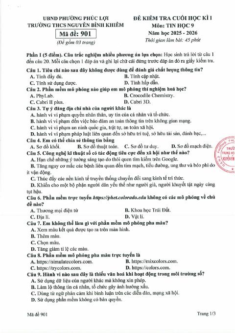Đề thi Học kì 1 Tin học 9 năm 2025-2026 trường THCS Nguyễn Bỉnh Khiêm (Hà Nội)